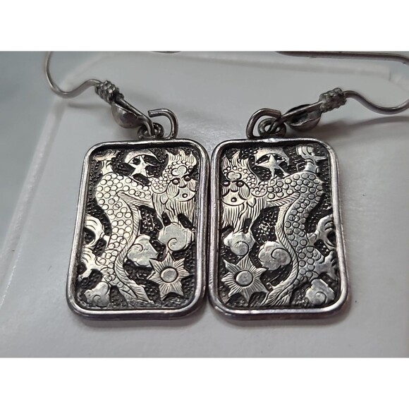 925 Sterling Silver Dragon Themed Rectangular Shaped Dangling Pierced Earrings - Picture 4 of 10
